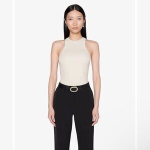 Anine Bing Eva Ribbed High Neck Cotton/Spandex Tank in Stone Women's Size S